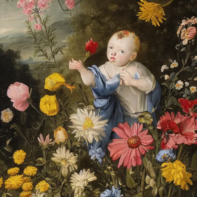 Prompt: a painting of flowers in a garden at night, blond baby with gray eyes with a blue scarf yellow t - shirt, a flemish baroque by jan van kessel the younger, intricate high detail masterpiece