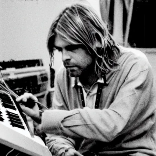 Image similar to kurt cobain playing a modular synthesizer with colorful wires