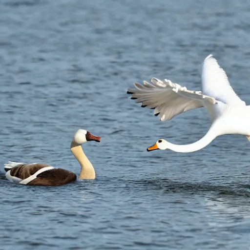 Prompt: dramatic shot of a white goose attacking a plastic goose