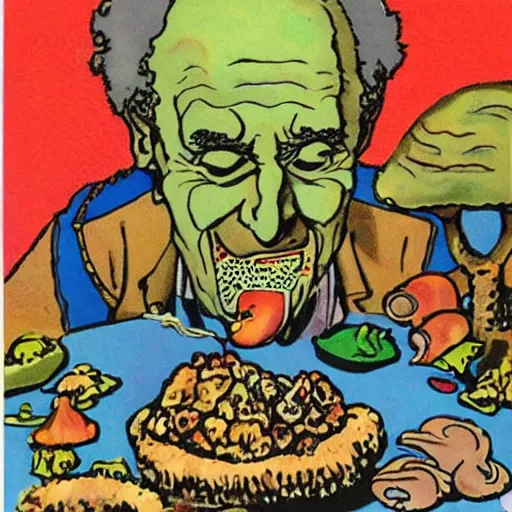 Prompt: albert hoffman eating shrooms