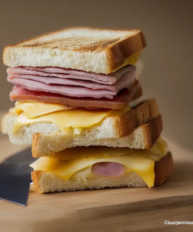 Prompt: high quality presentation photo of a ham & cheese sandwich, photography 4k f1.8 anamorphic bokeh 4k Canon Nikon