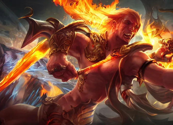 Image similar to league champion splash art of the devil holding a flaming sword