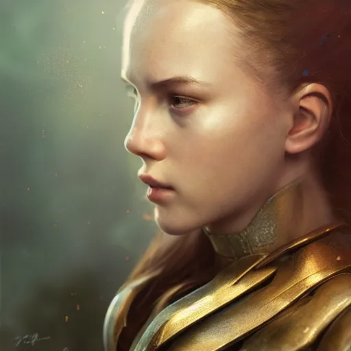 Prompt: attractive aesthetically pleasing young girl portrait, partially clothed in metal-plated battle armor, atmospheric lighting, painted, intricate, volumetric lighting, beautiful, golden hour, sharp focus, ultra detailed, by Leesha Hannigan, Ross Tran, Thierry Doizon, Kai Carpenter,Ignacio Fernández Ríos