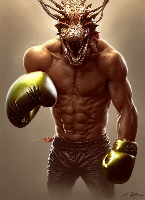Image similar to portrait of aggressive humanoid crocodile wearing boxing gloves, d & d, muscular! fantasy, intricate, elegant, highly detailed, digital painting, artstation, concept art, smooth, sharp focus, illustration, art by artgerm and greg rutkowski and alphonse mucha