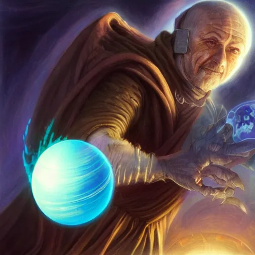 Image similar to the creator of worlds wearing a cloak and holding a holographic planet projection in his hand, detailed, sci - fi, digital painting, artstation, sharp focus, illustration, ominous, artgerm, tomasz alen kopera, peter mohrbacher, donato giancola, joseph christian leyendecker, wlop, frank frazetta