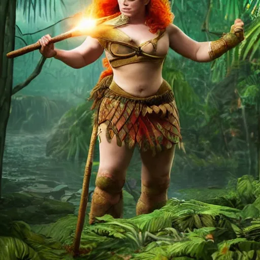 Prompt: a ginger dwaven women wielding a hammer and shield emerges from a hostile jungle. Before her lays an awesome floating mountain in the shape of a human heart. 4k realism