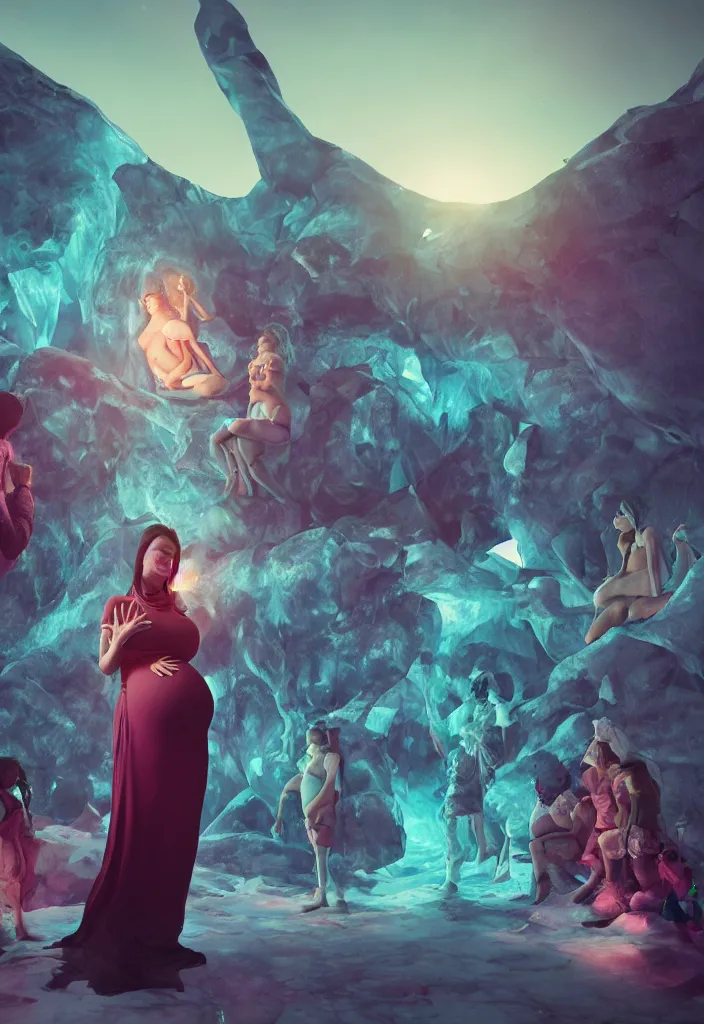 Image similar to epic leader pregnant woman talking to all her tribe with futuristic fluorescence, proud people looking at the pregnant woman, ice cave, facinating, fantasy digital art, octane render, beautiful composition, trending on artstation, coherent, masterpiece, photorealistic