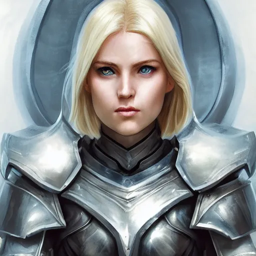 Prompt: fantasy paladin woman, symmetrical portrait, centered view, short blonde hair, blue eyes, level 1 plate armour, pale skin, 4k, by wlop, artgerm, andrei riabovitchev, nuri iyem, james gurney, james jean, greg rutkowski, highly detailed, soft lighting 8k resolution