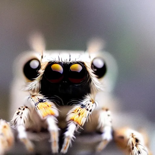 Image similar to jumping spider mixed with owl, cute creature, hybrid, anamorphic lens, bokeh, kodak color film stock, macro shot