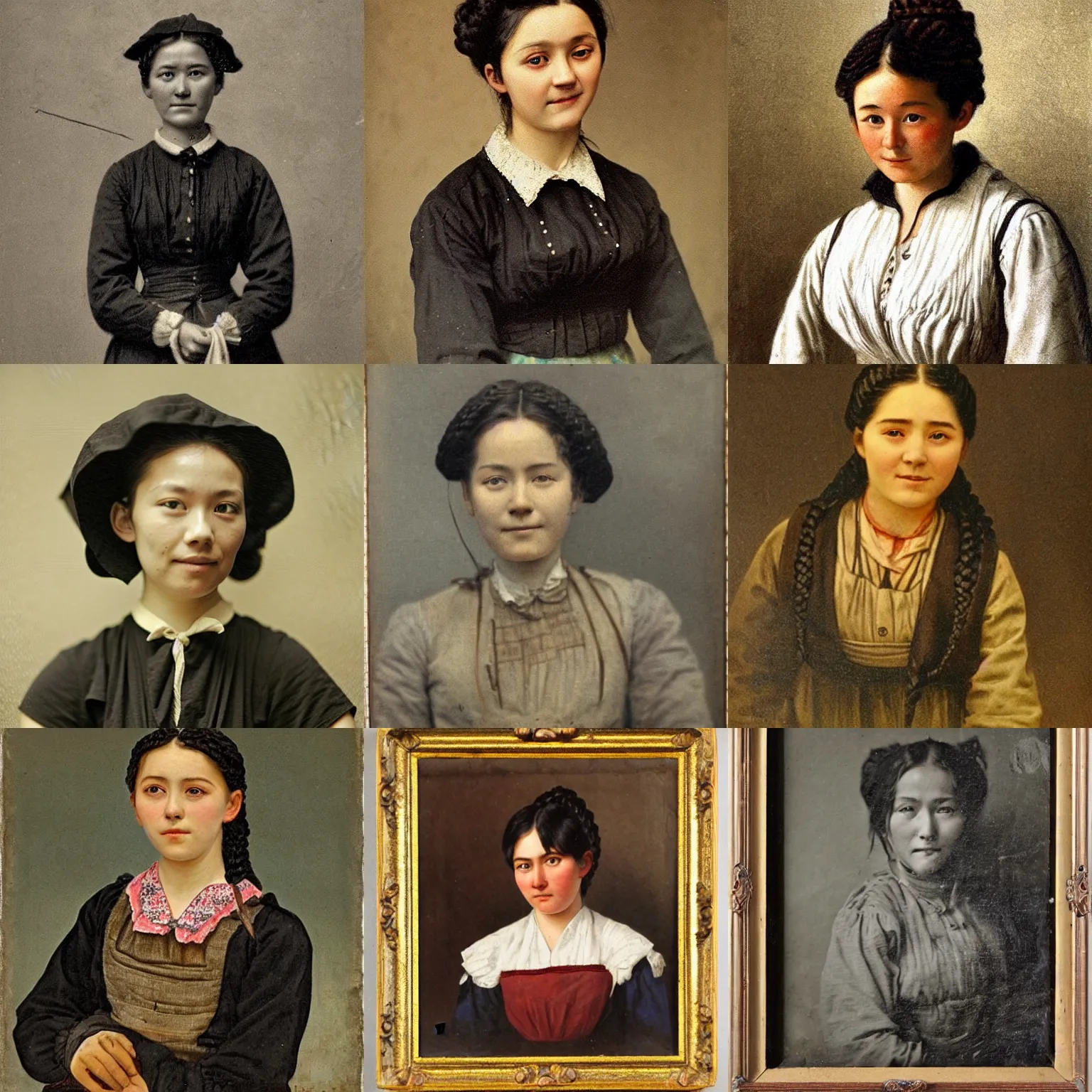 Prompt: a melancholicly (((smiling)) black haired, young hungarian village maid from the 19th century who ((looks very similar to Lee Young Ae)) with a two french braids, detailed, portrait by Ferenczy Károly