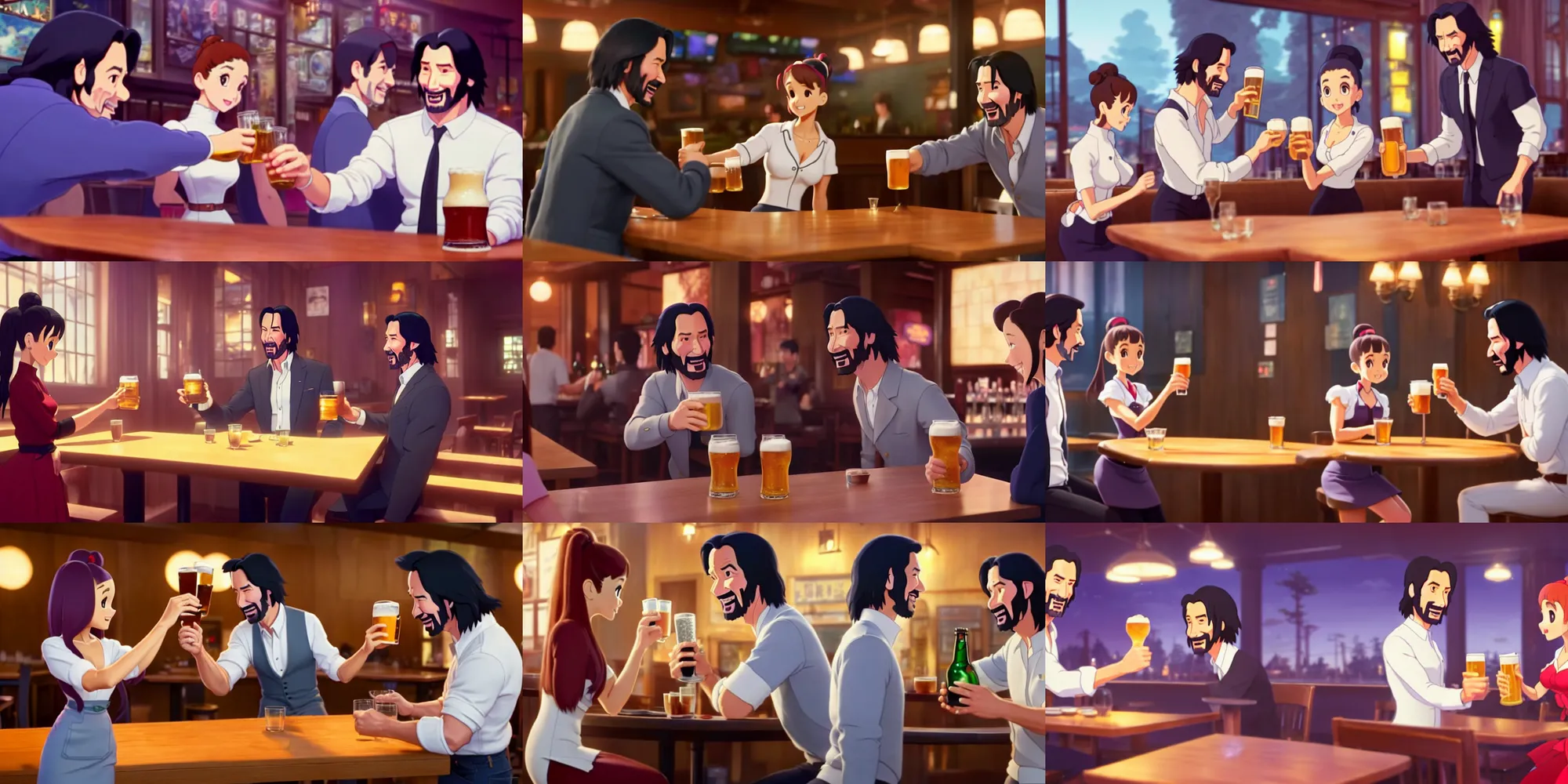 Prompt: a wholesome animation key shot of ariana grande as a waitress handing a glass of beer to customer keanu reeves in a restaurant, studio ghibli, pixar and disney animation, sharp, rendered in unreal engine 5, anime key art by greg rutkowski, bloom, dramatic lighting