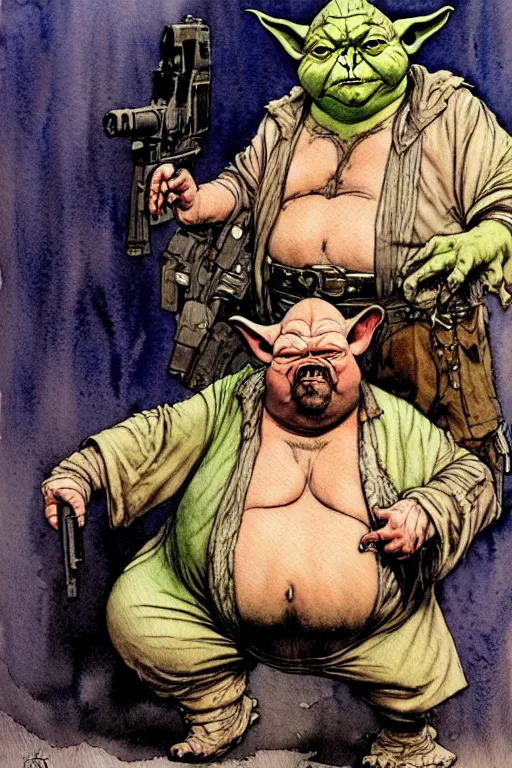 Image similar to a realistic and atmospheric watercolour fantasy character concept art portrait of a fat sleazy homeless chibi yoda wearing a wife beater and holding a handgun, by rebecca guay, michael kaluta, charles vess and jean moebius giraud