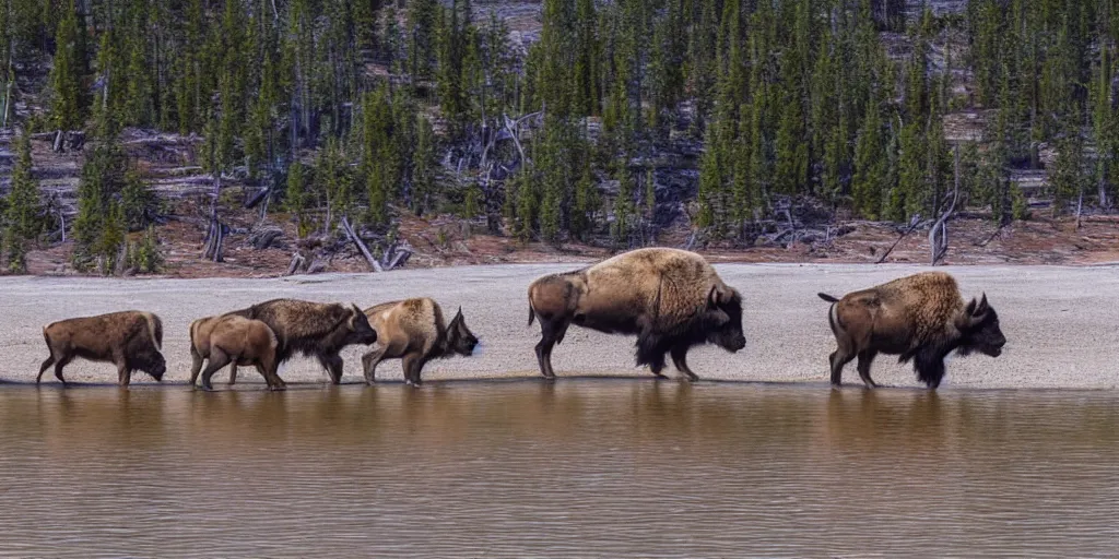 Image similar to bison and wolves swimming in grand prismatic spring