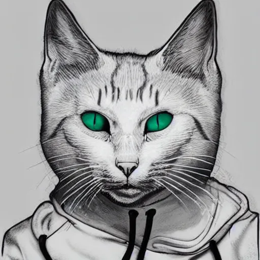 Prompt: cat, by ralph steadman, ambient occlusion, with a hoodie