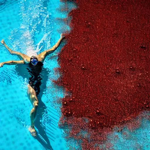 Image similar to uhd photo of olympian swimming in a pool of rusty nails, uhd hyperdetailed photography