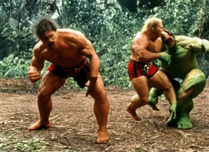 Image similar to hulk hogan wrestling warwick davis in a jungle, movie still, an explosion is in the background, 8 k, realistic