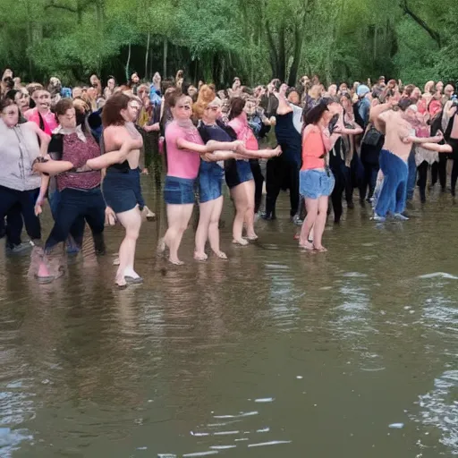 Prompt: a flash mob rising out of swamp water