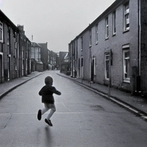 Prompt: a young boy is running along a street in bellshill, scotland, in the late 1 9 7 0 s. hyperrealistic, fine detail, dystopian
