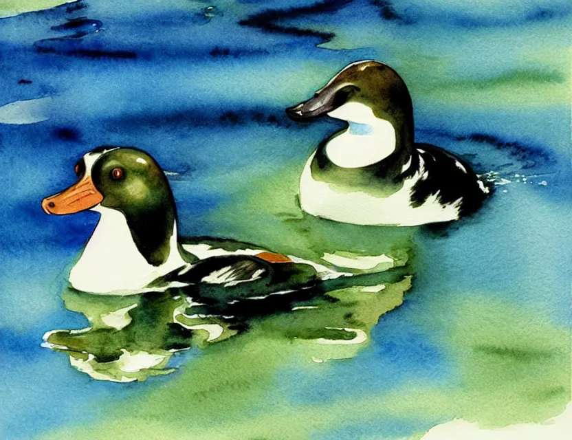 Image similar to a goldeneye swimming in a faraway lake. this watercolor painting by the award - winning comic artist has dramatic lighting, an interesting color scheme and great sense of depth.