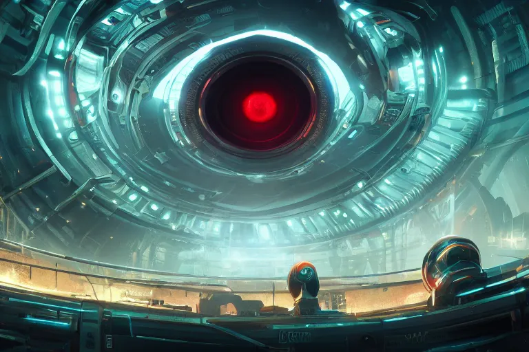 Image similar to a giant mechanical eye, cinematic lighting, abstract, glow, wlop, artgerm, dan mumford, artstation, unreal engine 5, octane render