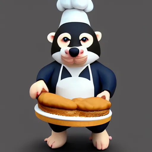 Prompt: pvc figurine of a fat badger wearing a chef's hat and apron and holding a cake, furry art, badger, artstation, figurine