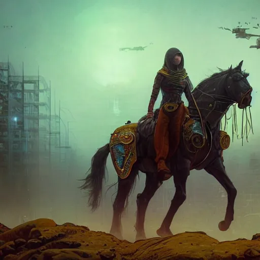 Image similar to photo of VAZ2105 virtual horse as a loading screen, intricate, dystopian, sci-fi, extremely detailed, digital painting, artstation, concept art, smooth, sharp focus, illustration, intimidating lighting, incredible art by artgerm and greg rutkowski and alphonse mucha and simon stalenhag