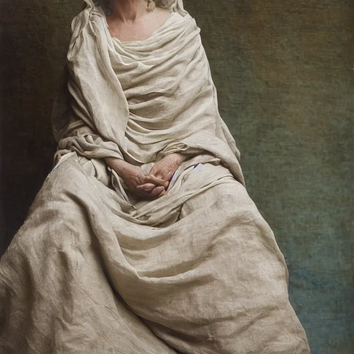 Image similar to a color photograph, closeup portrait of a woman wrapped in linen and silk, sitting on a plastic throne, in glacier national park in montana, color photograph, by vincent desiderio, canon eos c 3 0 0, ƒ 1. 8, 3 5 mm, 8 k, medium - format print