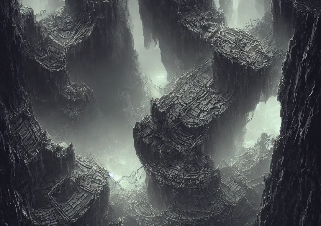 Image similar to deep cavernous mines of the dwarves, stretching down into the abyss, chains, ladders, dark, moody, illustration, artstation award, highly detailed, vast,