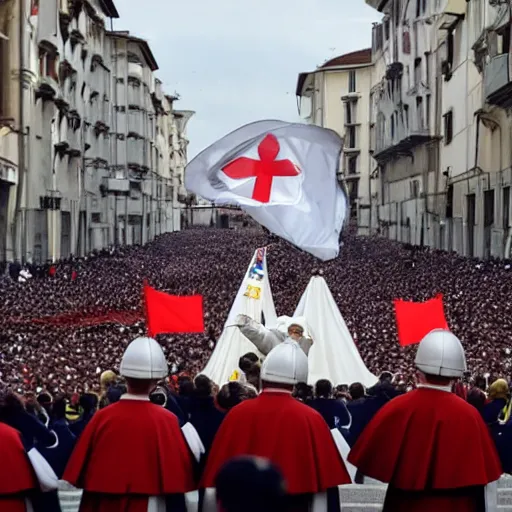 Image similar to pope francis riding giant white mech with the papal flag painted on it, leading the swiss guard in an invasion of eastern europe