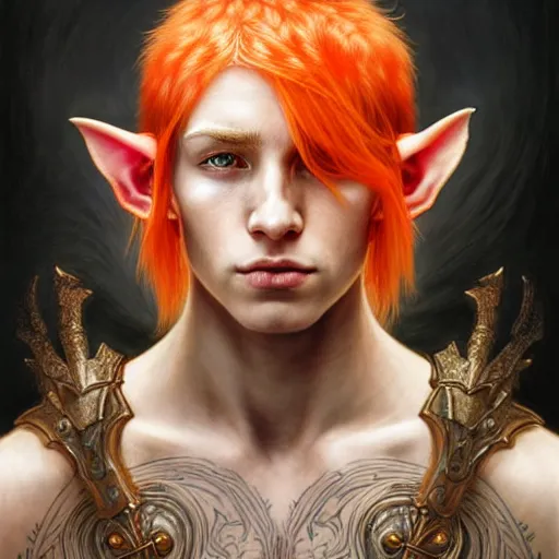 Image similar to portrait painting of an elven male teen with short light orange hair and tribal tattoos on his face wearing fur armor, ultra realistic, concept art, intricate details, eerie, highly detailed, photorealistic, octane render, 8 k, unreal engine. art by artgerm and greg rutkowski and charlie bowater and magali villeneuve and alphonse mucha