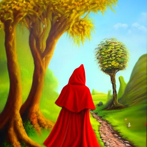 Image similar to oil painting of little red riding hood walking through a fantasy landscape filled with brugmansia suaveolens flowers