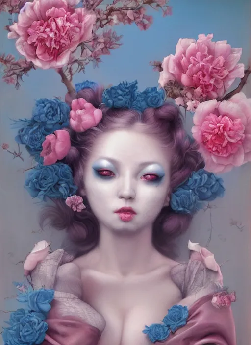 Prompt: pop surrealism, lowbrow art, realistic seductive cute woman painting, pink body harness, japanese shibari with blue flowers, hyper realism, muted colours, rococo, natalie shau, loreta lux, tom bagshaw, mark ryden, trevor brown style,