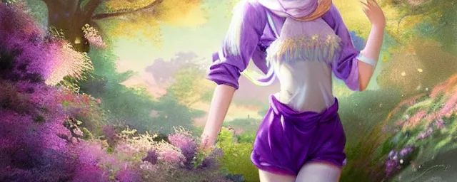 Image similar to Full View of a mysterious kpop fairy maidens with short blond hair wearing an oversized purple Beret, Baggy Purple overall shorts, Short Puffy pants made of silk, silk shoes, a big billowy scarf, Golden Ribbons, white leggings Covered in stars. Short Hair. peasant magic. masterpiece 4k digital illustration by Ruan Jia and Mandy Jurgens and Artgerm and william-adolphe bouguereau, award winning, Artstation, art nouveau aesthetic, Alphonse Mucha background, intricate details, realistic, panoramic view, Hyperdetailed, 8k resolution, intricate art nouveau, smooth, sharp focus