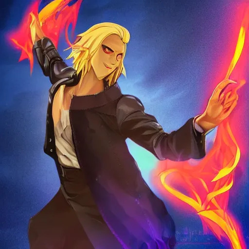 Image similar to A professional studio composition of Lucifer, ruler of Inferno, capital sin of Pride, has extra-light natural blonde hair, has a sophisticated well rounded face, has good bone structure, has bright glowing eyes as LEDs, has a Lean Body and porcelain looking skin, is attractive and good looking, tall, invincible, triumphant stance over the remains of Heaven, poses as a JoJo character, by Michelangelo and Caravaggio, Alphonse Mucha, Michael Whelan, William Adolphe Bouguereau, John Williams Waterhouse, and Donato Giancola, Dark Fantasy mixed with Socialist Realism, exquisite art, art-gem, dramatic representation, hyper-realistic, atmospheric scene, cinematic, trending on ArtStation, photoshopped, deep depth of field, intricate detail, finely detailed, small details, extra detail, attention to detail, detailed picture, symmetrical, high resolution, 3D model, PBR, path tracing, volumetric lighting, golden hour, oil painting, 8k, 4k, high resolution, unreal engine 5, octane render, arnold render, Studio 4°C, 3-point perspective, polished, complex, stunning, breathtaking, awe-inspiring, award-winning, ground breaking, concept art, nouveau painting masterpiece, IMAX quality