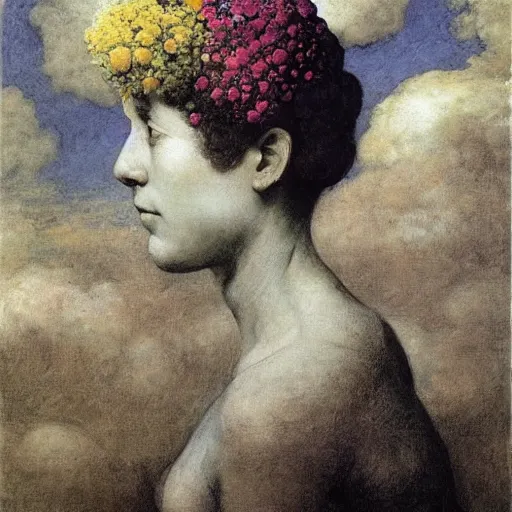 Prompt: beautiful woman's head surrounded by flowers and floating in the sky, by Odd Nerdrum, by Francisco Goya, by M.C. Escher, beautiful, eerie, surreal, colorful