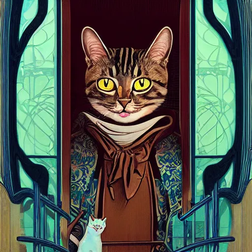 Image similar to a cat wearing a hooded cloak, in an elevator with art nouveau neon panelling, by pascal blanche and james jean moebius and james gurney and greg rutkowski, 8 k