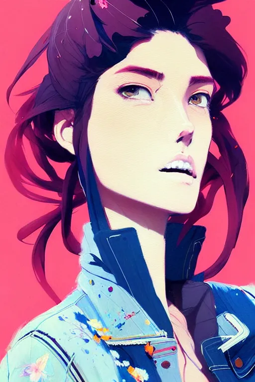 Image similar to a ultradetailed beautiful painting of a stylish woman in a denim jacket and shorts, by conrad roset, greg rutkowski and makoto shinkai trending on artstation