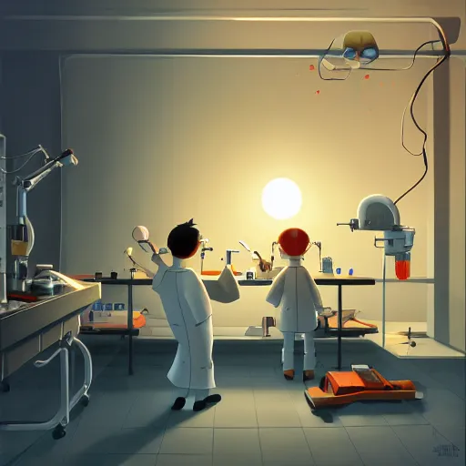 Prompt: goro fujita ilustration a science laboratory, tools for science research, explosion of the chemicals, small streaks of light through, painting by goro fujita, sharp focus, highly detailed, artstation