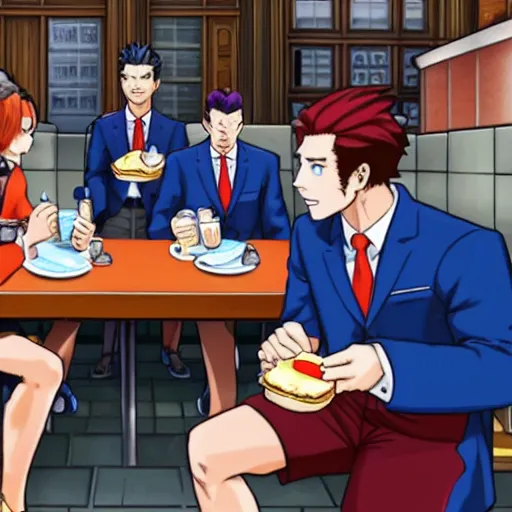 Image similar to phoenix wright and apollo justice eating hamburgers in new york city