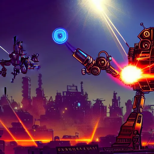 Prompt: A wide-angle photograph of a steampunk-style mech with machine guns, rocket launchers, and lasers towering over a city