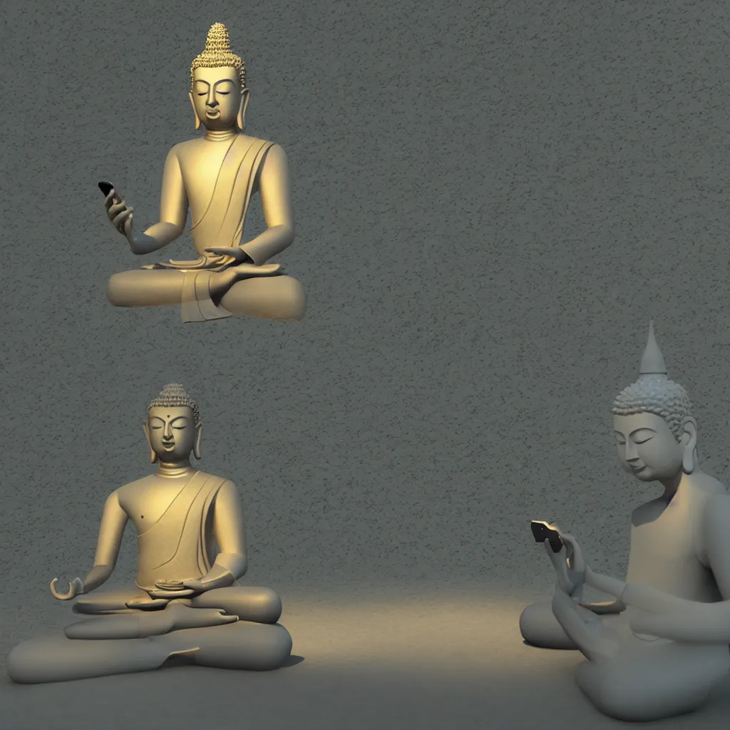 Image similar to 3 d model of a meditating buddha checking his phone in unreal engine