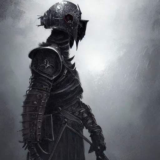 Prompt: crow skull knight helmet, grimdark, fantasy, trench crusade, terrifying, dark, fog, atmospheric cold lighting, dark souls, hyperrealistic, art by sparth