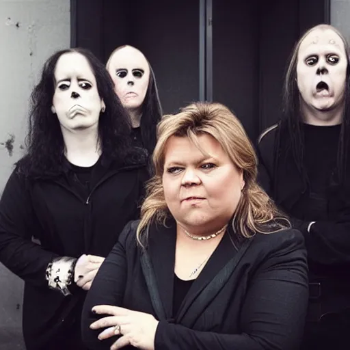 Prompt: Erna solberg in a black metal band