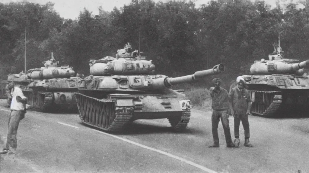 Image similar to old historic photograph with person in white shirt, holding grocery bags, standing alone on the road facing four battle tanks approaching him, intense photo