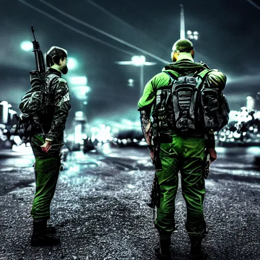 Image similar to soldier and angel met at night time, filmic, dramatic, night vision, wide angle, vignette, only green color, 4 k, 8 k, sad, devil, cinematic lighting, insanely detailed and intricate, hypermaximalist, elegant, ornate, hyper realistic, super detailed