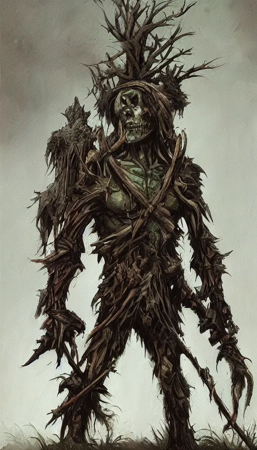 Prompt: painting of undead wight warrior, anatomically correct, forest and cabin, muted colors, night scene, by brom