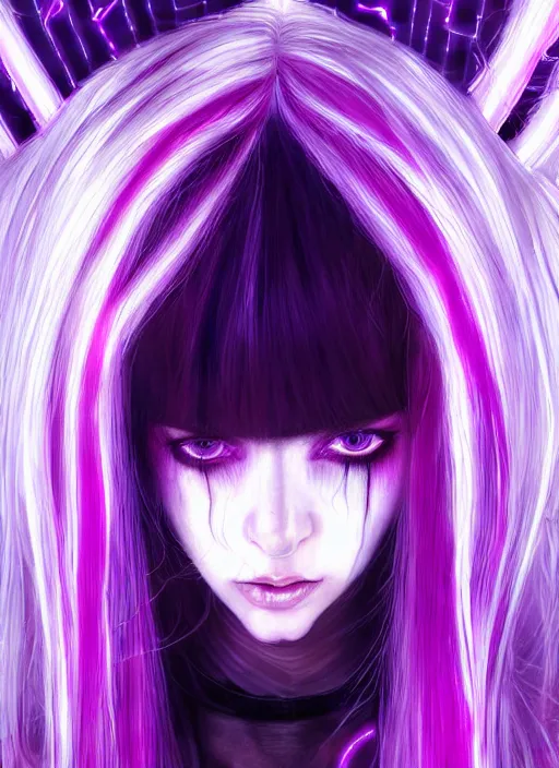 Image similar to hair whitebangs hair, black cyberlox, portrait of normal teenage girl with white bangs, messy bangs, cyberlox, whitebangs, red irises, purple clothes, intricate, elegant, glowing lights, highly detailed, digital painting, artstation, concept art, sharp focus, smooth, illustration, art by wlop, mars ravelo and greg rutkowski