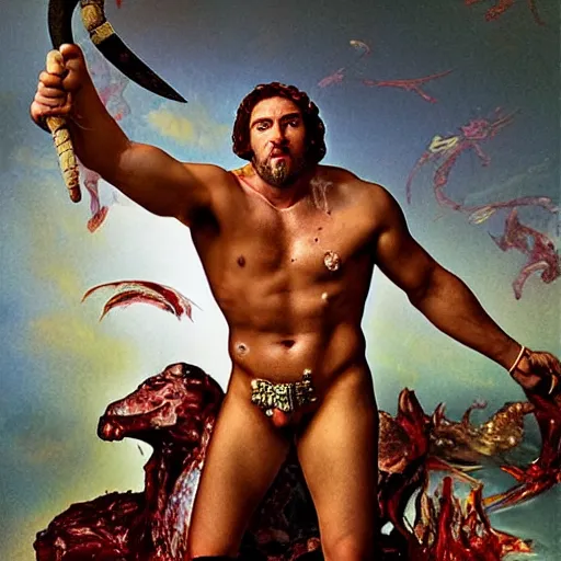 Prompt: balmy by david lachapelle vignetting. a experimental art of hercules after he has completed one of his twelve labors, the killing of the hydra. he is standing over the dead hydra, covered in blood clutching a sword that slew the beast. his face is expressionless.