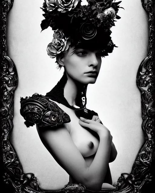 Image similar to a black and white high quality dreamy photo of a young beautiful female queen-pale dragon-vegetal-many big steampunk flowers-cyborg bust with a very long neck, elegant, highly detailed, poetic, soft, dreamy, mysterious, high fashion, in the style of Diane Arbus, Realistic, Refined, Digital Art, Highly Detailed, Cinematic Lighting, rim light, black and white, photo-realistic, 8K
