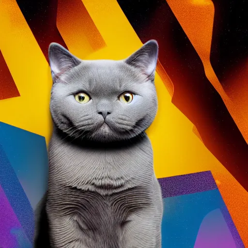 Prompt: portrait of a grey british shorthair cat on background of wavy abstract piano keys with musical notes detailed colorful matte painting 4 k